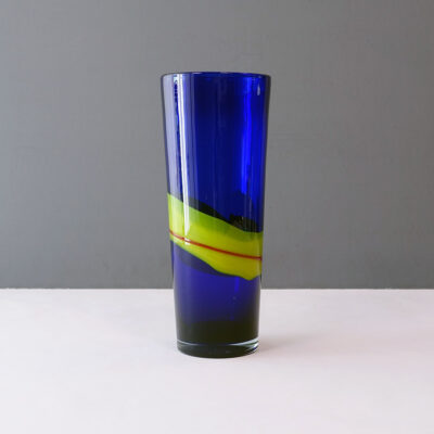 cobalt-blue-yellow-red-stripe-art-glass-tall-vase