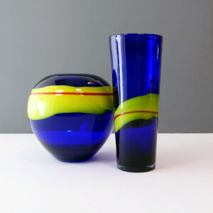 cobalt-blue-yellow-red-stripe-art-glass-tall-vase