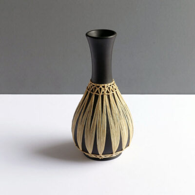 Gmundner-Keramik-Austrian-black-raffia-wrapped-long-neck-vase