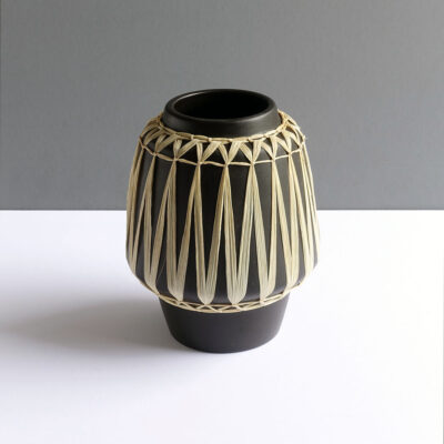 Gmundner-Keramik-Austrian-black-raffia-wrapped-wide-mouth-vase