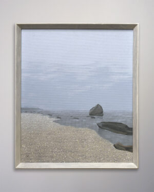 An original acrylic painting on board "Quietude" by Michael Aron, 2025. 20 x 26 inches as framed in vintage white washed walnut. This commission was for a friend who swims at this secluded beach in Orient NY, here on the North Fork of Long Island.