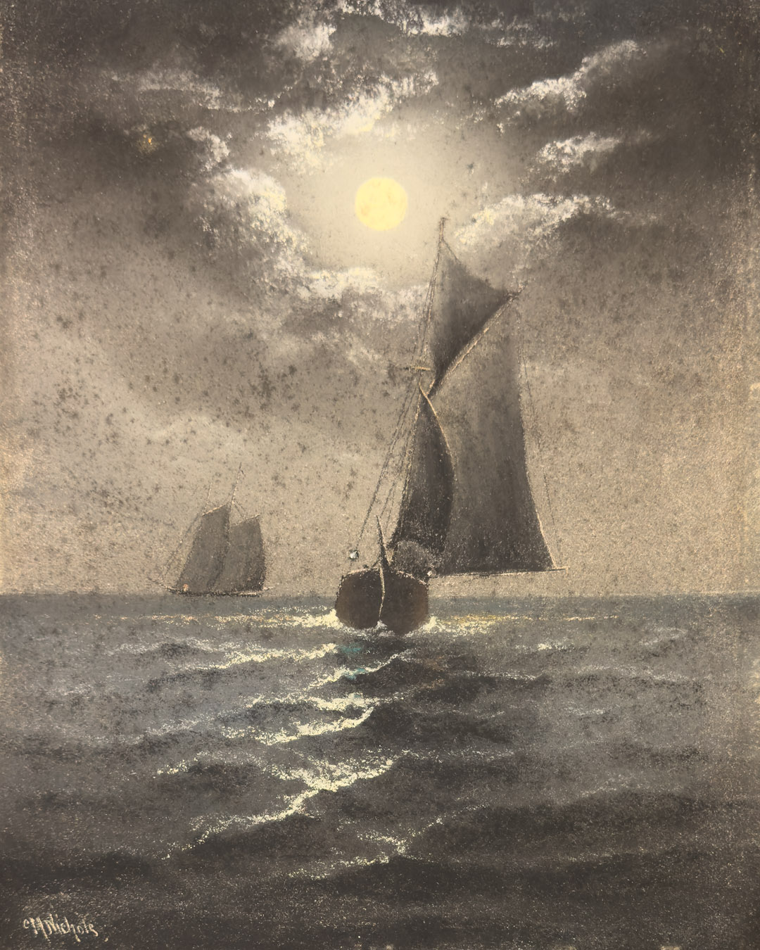 Moonlight Long Island Sound Original Pastel 9 x 13