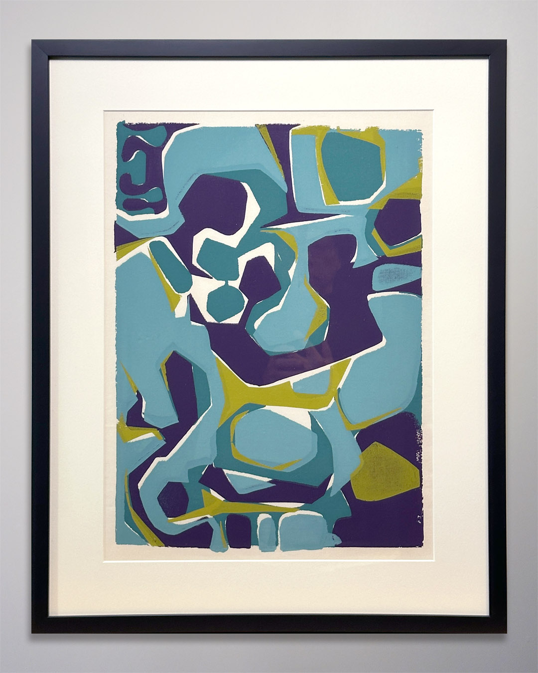 9-014 Blue Olive Abstract Linocut Susan Alexis Orlie 1967 Blue Olive Abstract Linocut Susan Alexis Orlie 1967