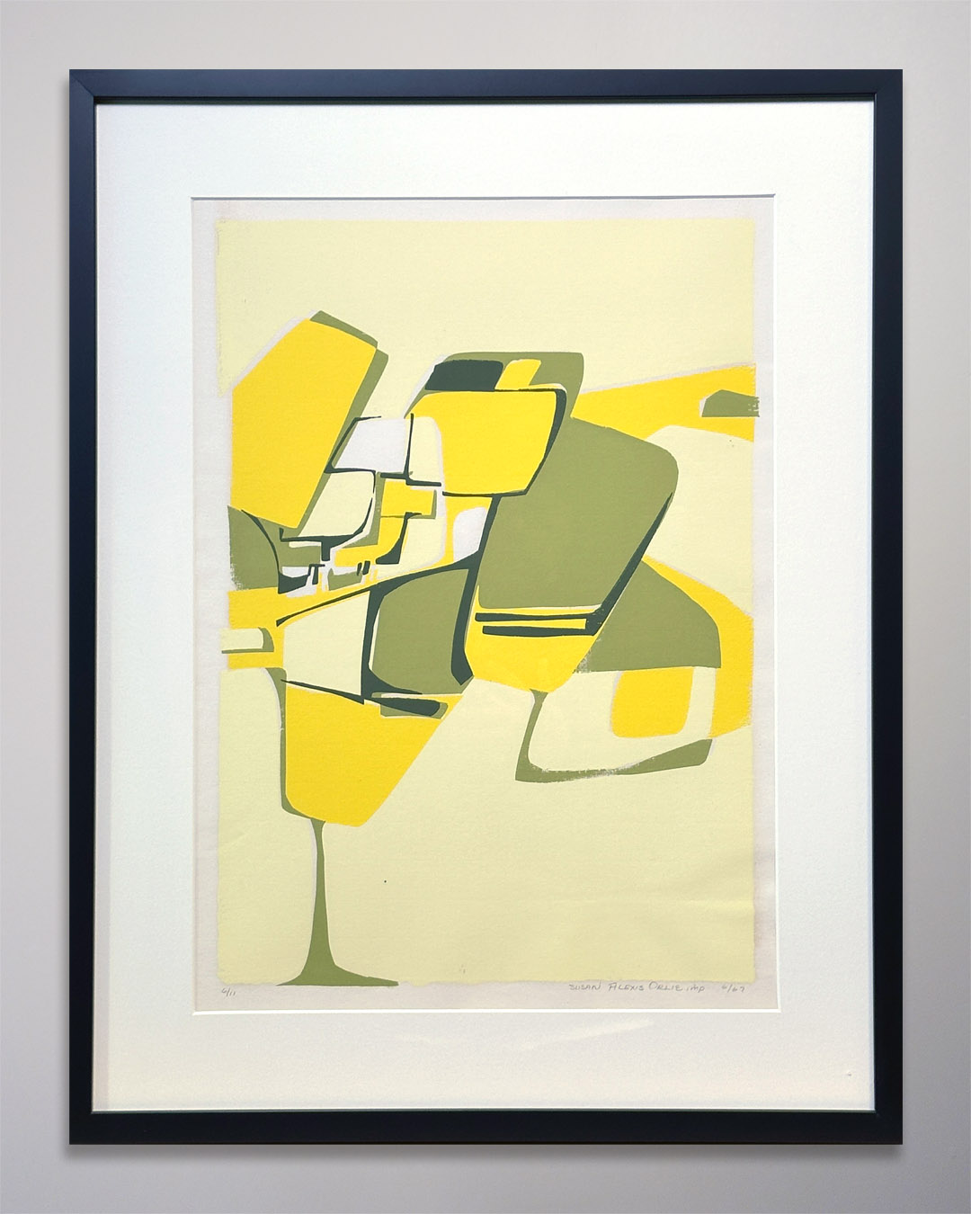 9-015 Yellow Olive Abstract Linocut Susan Alexis Orlie 1967 Yellow Olive Abstract Linocut Susan Alexis Orlie 1967