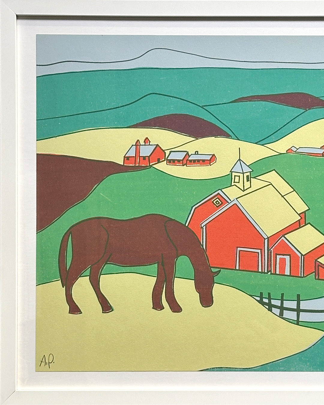 Midcentury Modern Horse Farm Silkscreen Print Reid 25 x 20-fr